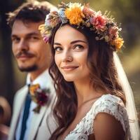 A lovely couple in the blurred background posing to the camera photo