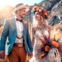 A smiling pretty loving couple posing for the camera against a backdrop of mountain peaks photo