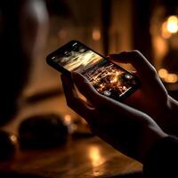 A mobile phone in a womens hand at night photo