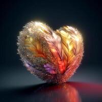 AI Generative Heart-shaped abstract golden soft feathers photo