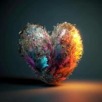 AI Generative Abstract colorful heart made of soft feathers in dark theme photo