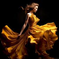 AI Generative A pretty girl in a yellow ruffled dress on a dark background photo