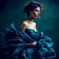 AI Generative A beautiful model poses for the camera in an elegant blue ruffled dress against a dark background photo