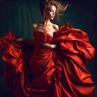 AI Generative A pretty girl in a abstract red ruffled dress on a dark background photo