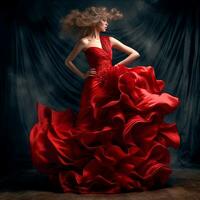 ai generativo un bonito niña en un elegante rojo alborotado vestir en un oscuro antecedentes foto