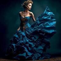 AI Generative A woman poses for the camera in a blue ruffled dress against a dark background photo