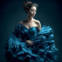 ai generativo un bonito modelo con un elegante azul alborotado vestir en un oscuro antecedentes foto