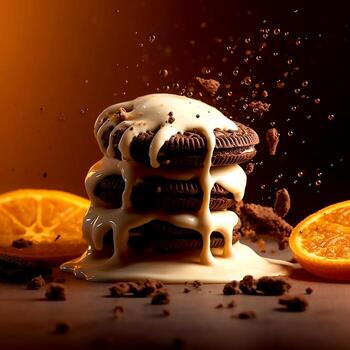 Chocolate Cookies with fresh vanilla milk cream flow on the dark background photo