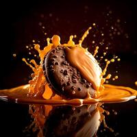 Delicious Chocolate Cookies and fresh vanilla milk cream flow on the dark background photo