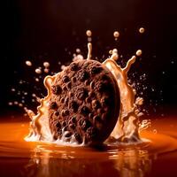 Delicious Chocolate Cookies and fresh vanilla milk cream flow on the abstract dark background photo