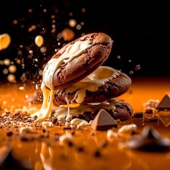 Delicious Chocolate Cookies and vanilla milk cream flow on the dark background photo