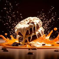AI Generative Chocolate Cookies with Delicious vanilla milk cream flow photo