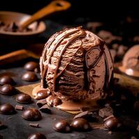 Cold sweat ice cream with chocolate flow on dark photo