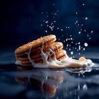 ai generativo delicioso emparedado galletas con vainilla crema fluir en el oscuro foto