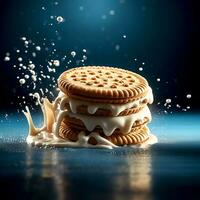 AI Generative Sandwich cookies and fresh vanilla cream flow on the dark glossy theme photo