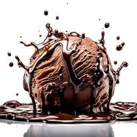 Delicious Cold sweat ice cream with chocolate flow on white photo