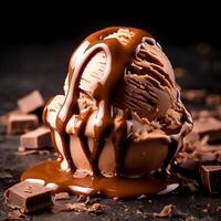 Delicious Cold sweat ice cream with chocolate flow on dark photo
