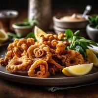 AI Generative A plate of delicious golden fried calamari served with a zesty lemon on a table photo