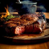 AI Generative A delicious sizzling smoked steak on a round wooden tray on a wooden table photo