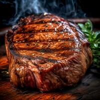 AI Generative A delicious hot smoked steak on a wooden tray photo