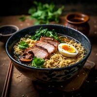 ai generativo un delicioso caliente tubería sabroso ramen cuenco con palillos en oscuro de madera mesa foto