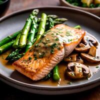 AI Generative Crispy skinned trout drizzled with mushroom on a plate on a table photo