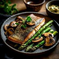 AI Generative Delicious Crispy skinned trout drizzled with mushroom on a plate photo