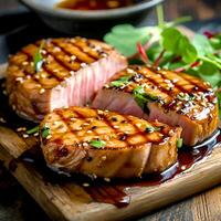 AI Generative Delicious Tuna steaks marinated in a soy and honey glaze grilled photo