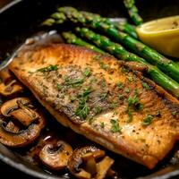 AI Generative Tasty Crispy skinned trout drizzled with a garlic and mushroom on a saucepan photo