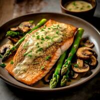 AI Generative Tasty Crispy skinned trout drizzled with a garlic and mushroom on a saucepan on a table photo