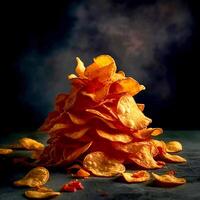 A towering of spicy crispy potato chips on dark background photo