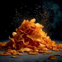 AI Generative A towering of tasty crispy potato chips on dark background photo