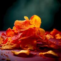 A towering of crispy potato chips on dark background photo