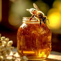 AI Generative Bee honey in glass bottle and bee on a blurred background photo