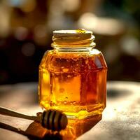 AI Generative Bee honey in glass bottle on a table on a blurred background photo