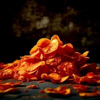 AI Generative A towering of tasty crispy potato chips on dark photo
