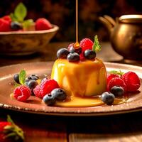 Tasty Ice cream with vanilla flow and fruits photo