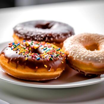 Colorful donuts on a white plate on a table photo
