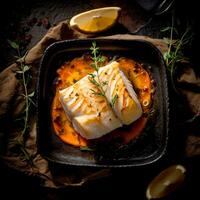 AI Generative Baked delicious Cod fish with lemon slices on a dark square plate photo
