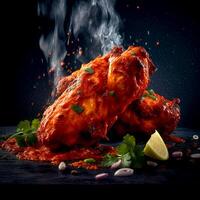 AI Generative Delicious hot Tandoori Chicken with smoke photo