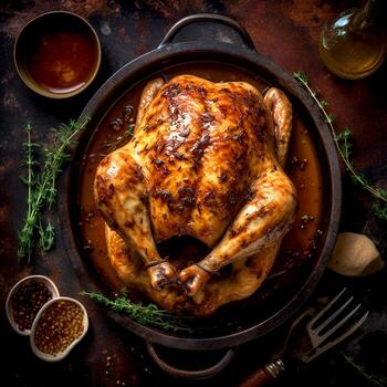 Freshly baked whole chicken adorned with honey sauce on a saucepan at the dark table photo