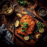 Freshly baked Schnitzel on a wooden tray photo