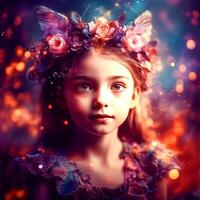 A cute little flower fairy in magical background photo