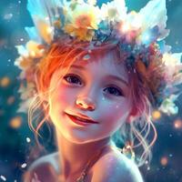 Cute smiling flower fairy with elegant flower crown in abstract background photo