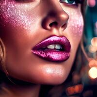 AI Generative Beautiful woman's abstract glossy magenta lips photo