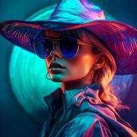 ai generativo elegante bonito mujer posando para el cámara con un sombrero y Gafas de sol en un holograma antecedentes foto