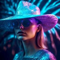 ai generativo elegante mujer posando para el cámara con un sombrero y Gafas de sol en un oscuro tema foto