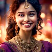 Close-up of beautiful girl wearing purple color saree and jewelry on blurred background photo