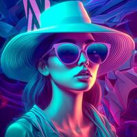 Stylish women posing for the camera with a hat and sunglasses in a hologram theme photo