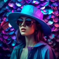 ai generativo modelo niña posando para el cámara con un sombrero y Gafas de sol en un holograma antecedentes foto